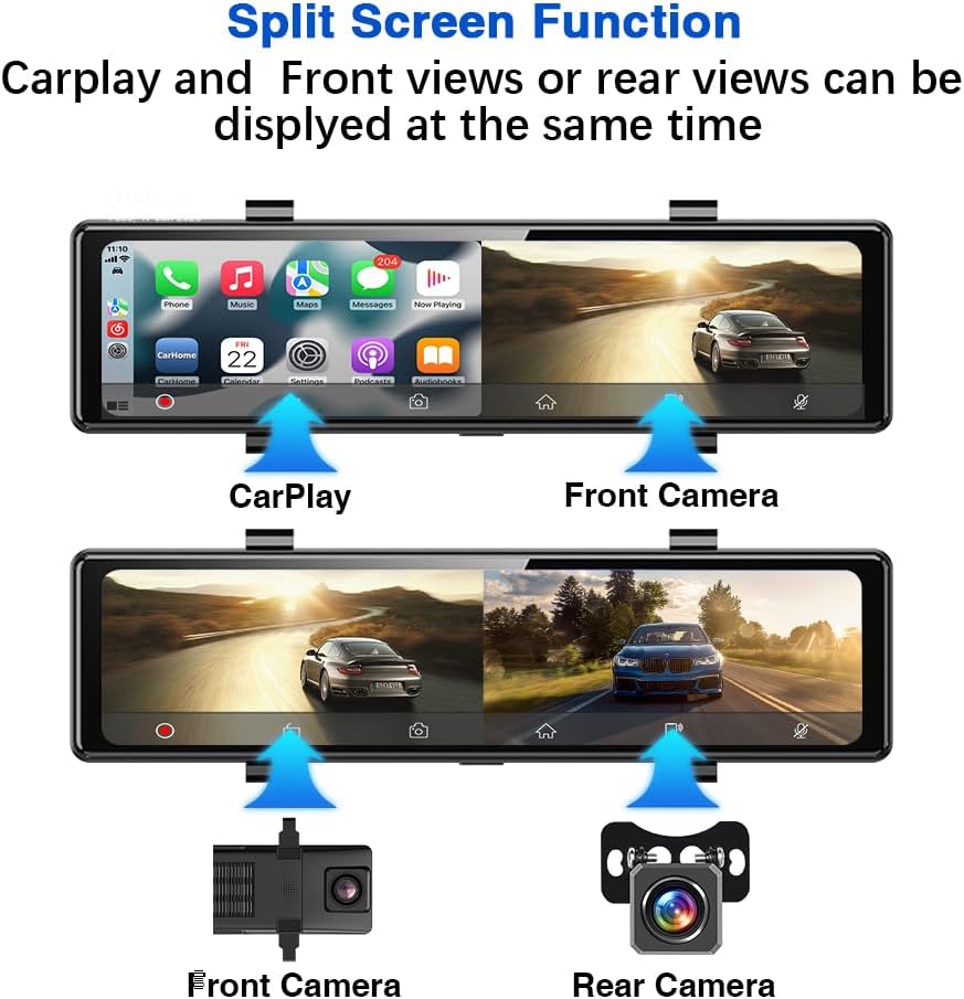 11.26 Inch Rear View Mirror Camera with Carplay/Android Auto. Split Screen/Voice Control/Loop Recording