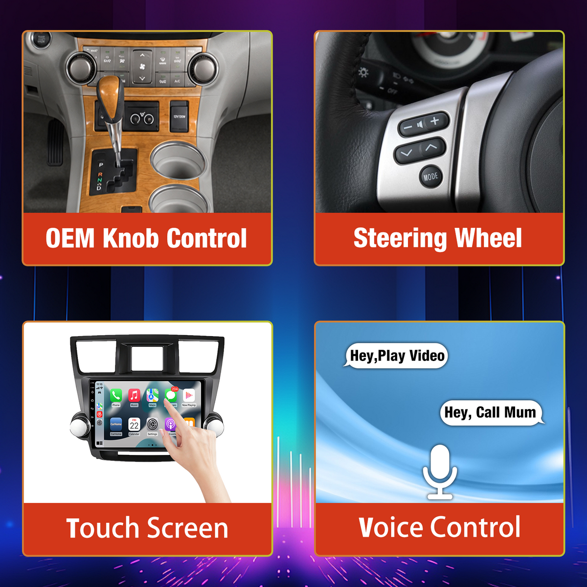 10 Inch QLED Touch Screen Car Stereo for Toyota Highlander 2008-2013, Head Unit with Wireless CarPlay & Android Auto, WiFi, GPS Navigation, Bluetooth 5.0, FM AM Radio