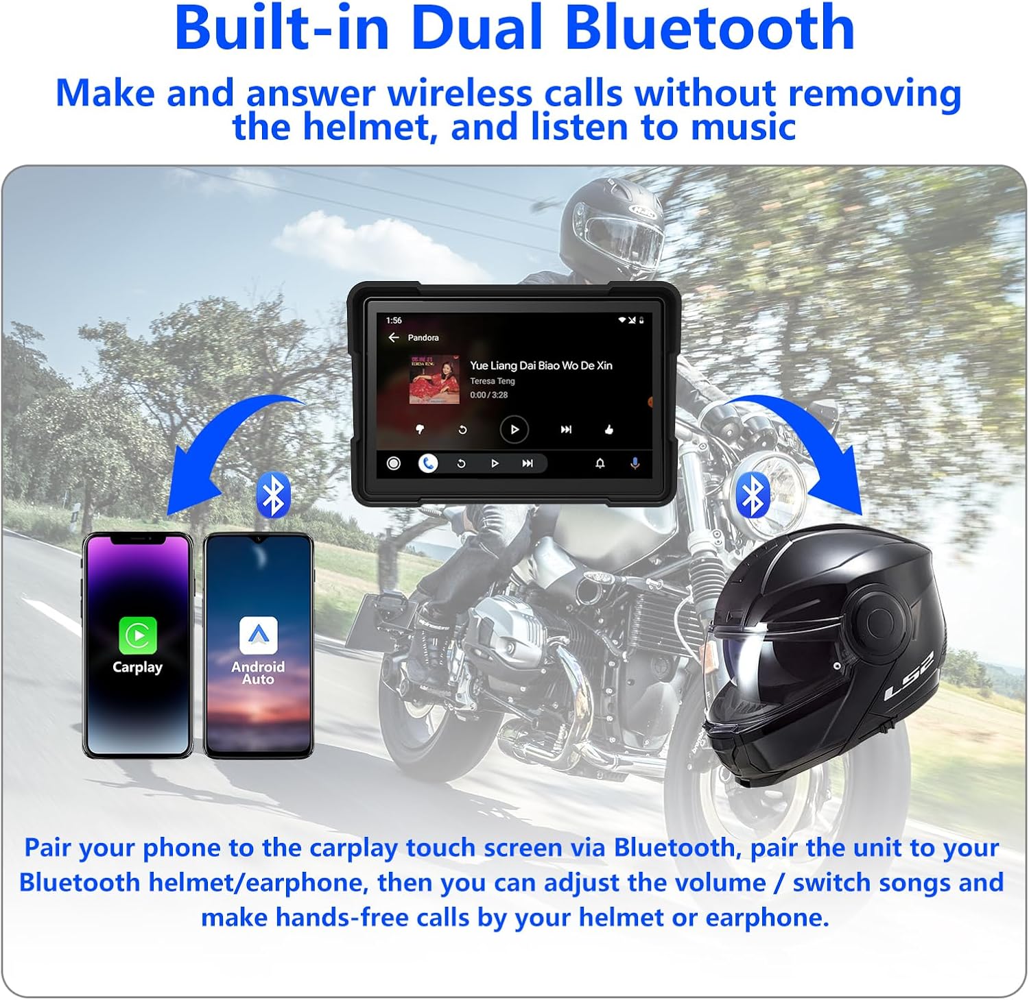 5 Inch Motorcycle Carplay/Android Auto Stereo, 64G, Dual Bluetooth.