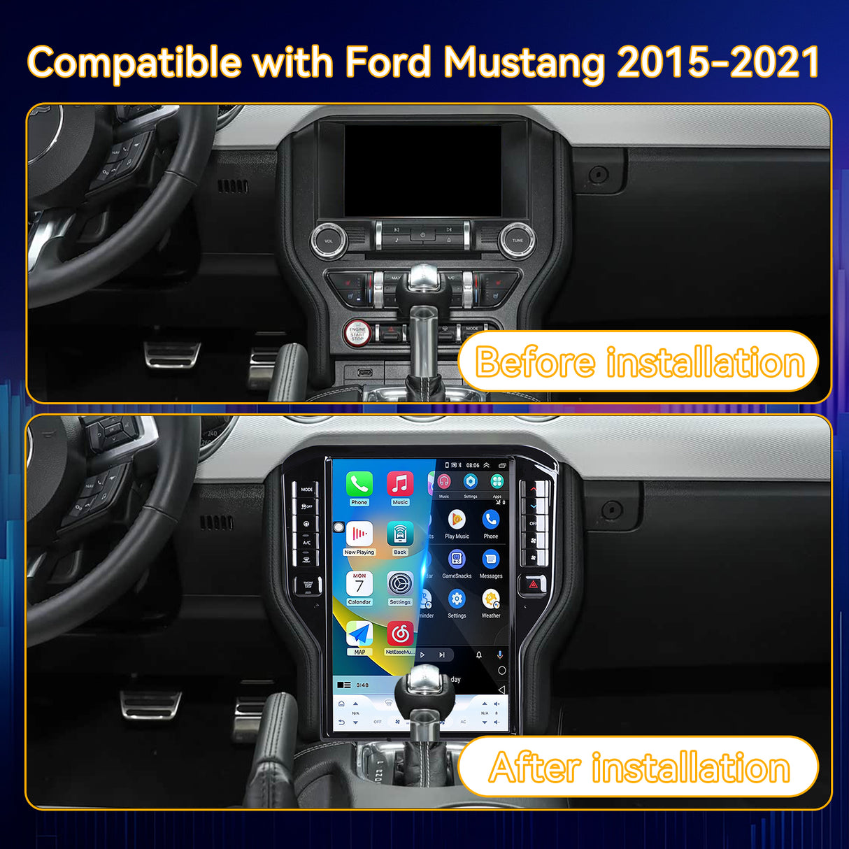 14.5 inch Car Stereo for Ford Mustang 2015-2021 Upgrade, 8-Core Qualcomm CPU, with Wireless CarPlay & Android Auto AHD Backup Camera GPS SWC FM WiFi Bluetooth