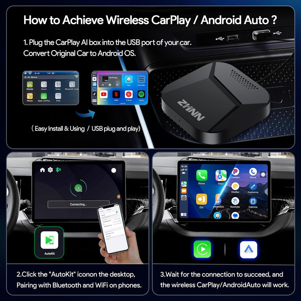 ZHNN CarPlay AI Box Y1 for OEM Wired CarPlay/Android Auto Car Radio