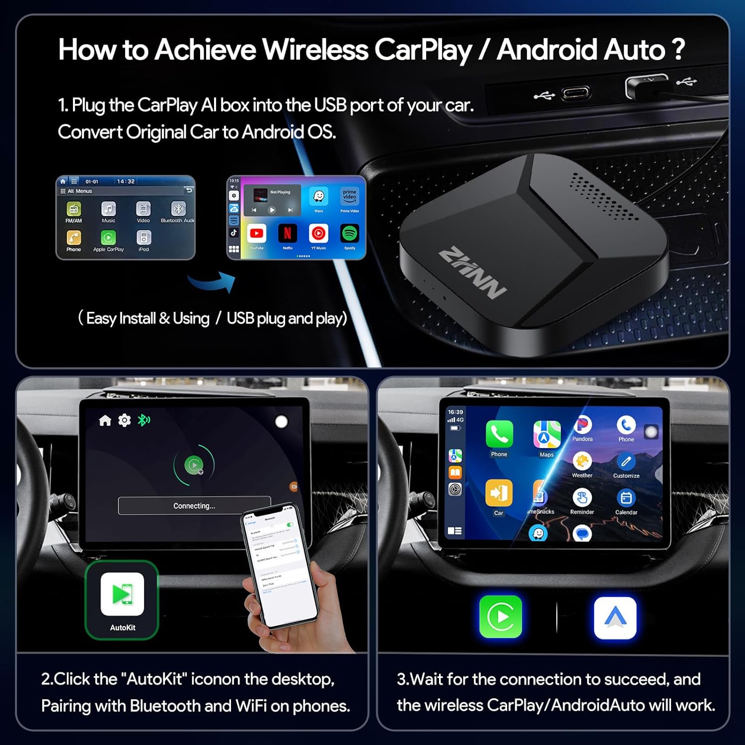 ZHNN CarPlay AI Box Y1 for OEM Wired CarPlay/Android Auto Car Radio
