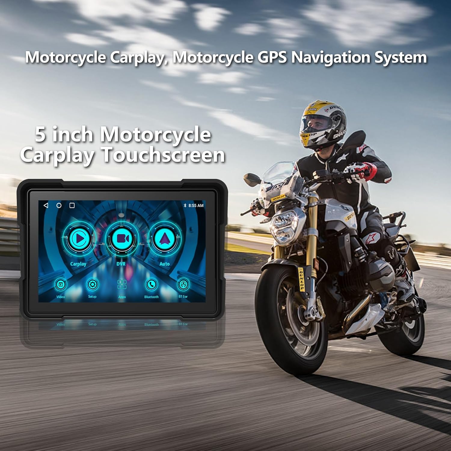 5 Inch Motorcycle Carplay/Android Auto Stereo, 64G, Dual Bluetooth.