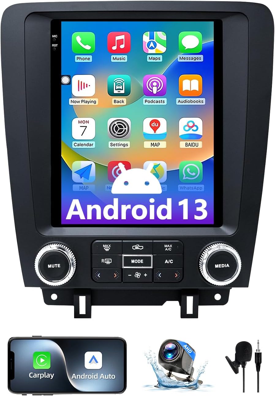9.7 Inch Car Radio Compatible with Ford Mustang 2010 2011 2012 2013 2014, 2+64G Android 13 T-Style Car Stereo with with Carplay/Android Auto/Bluetooth/SWC/FM/1080P Back-up Camera