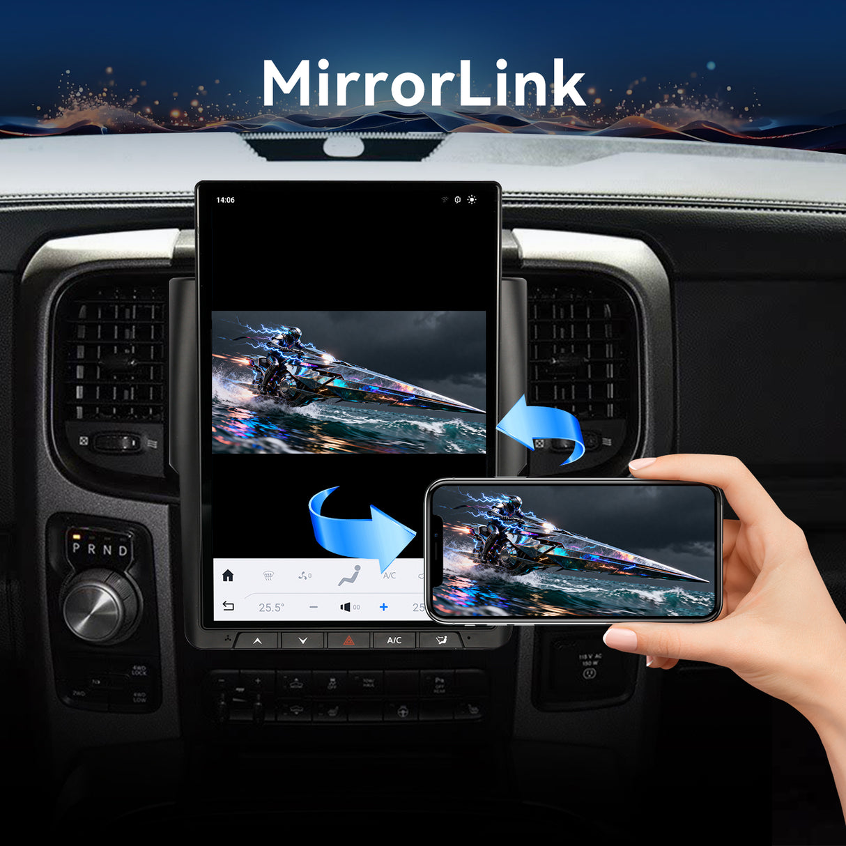 14.4 inch Car Stereo Radio 8-Core Qualcomm CPU, Android Auto Wireless Carplay for Dodge RAM 1500 2500 3500 2013-2018 Tesla Style Touch Screen Bluetooth WiFi GPS DSP AM FM Head Unit