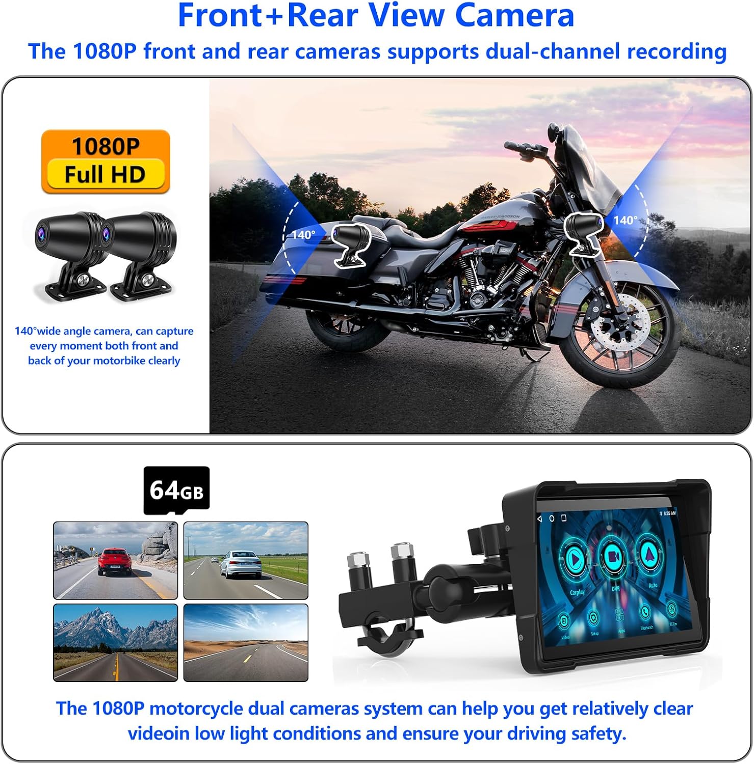 5 Inch Motorcycle Carplay/Android Auto Stereo, 64G, Dual Bluetooth.