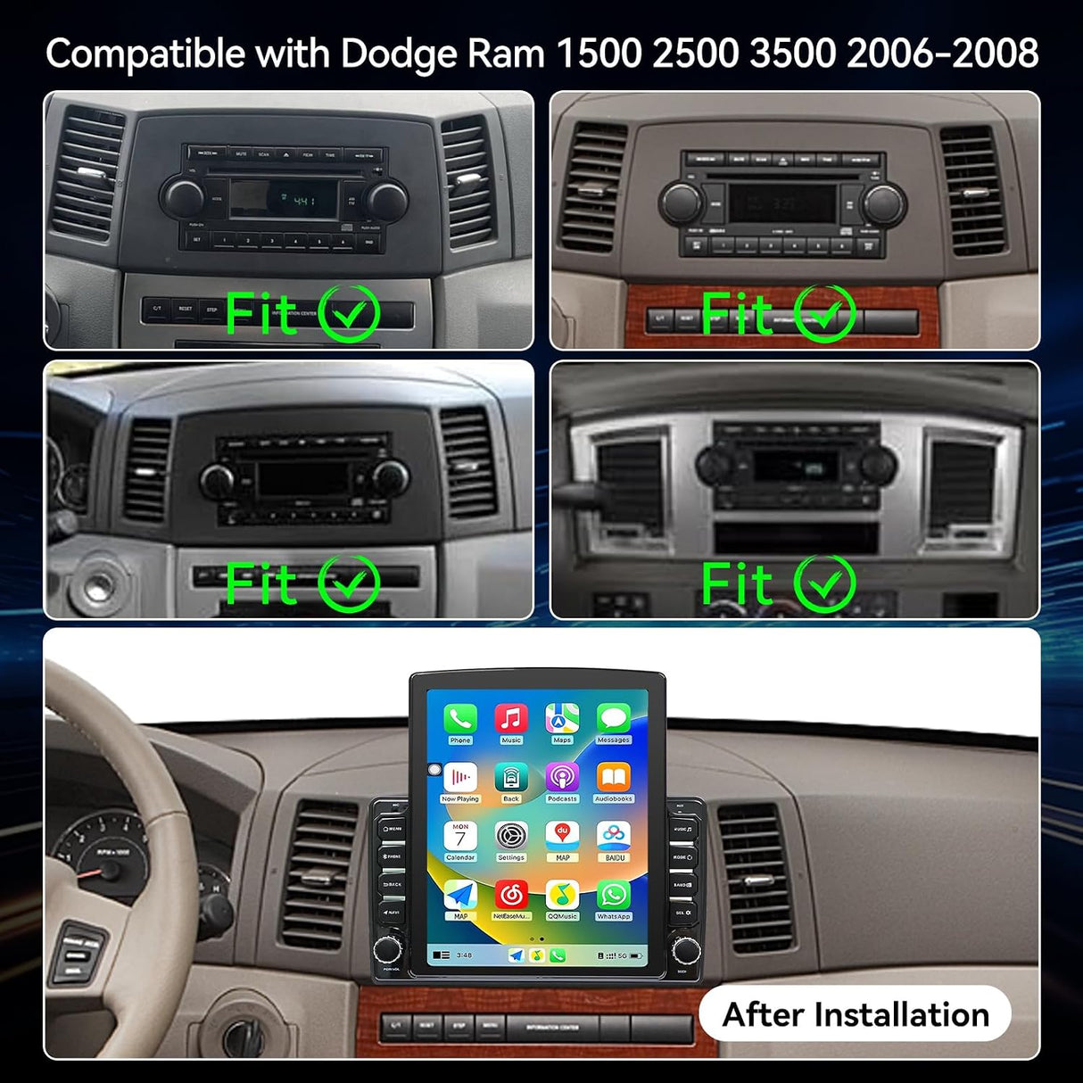 Android 14 Car Stereo Radio Compatible with Dodge Ram 1500 2500 3500 2006 2007 2008 Wireless CarPlay & Android Auto AHD Backup Camera Upgrade 9.7" Touch Screen GPS WiFi SWC FM Bluetooth 2+64G