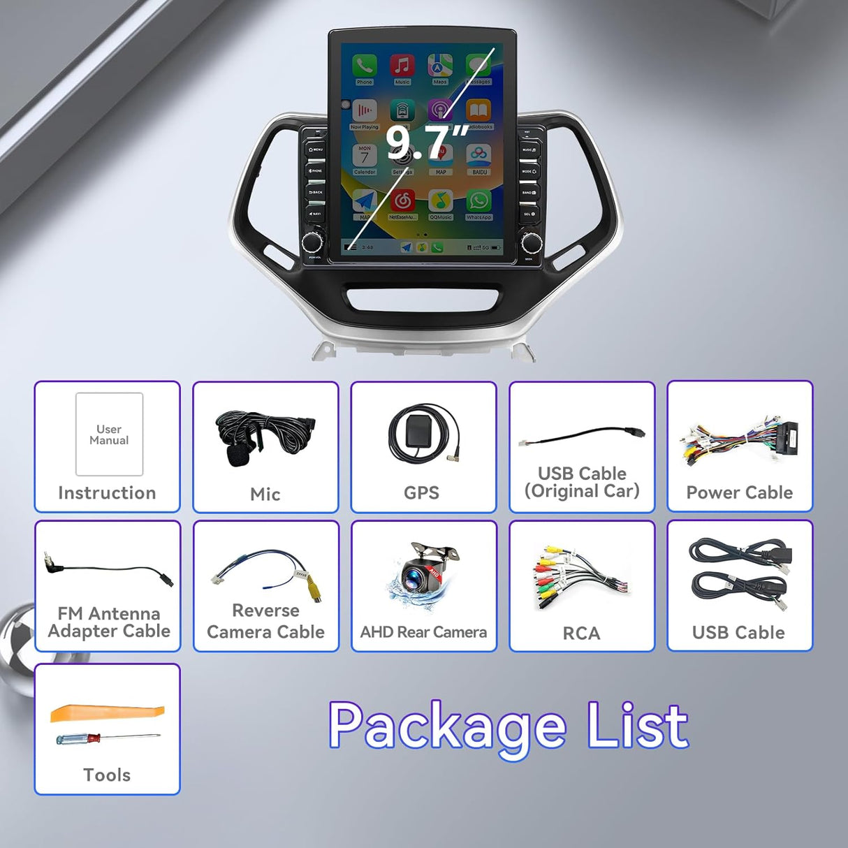 9.7 Inches Car Radio Compatible with Jeep Cherokee 2013-2018, 2+64G Car Stereo with Carplay/Android Auto/Bluetooth/SWC/FM/1080P Back-up Camera
