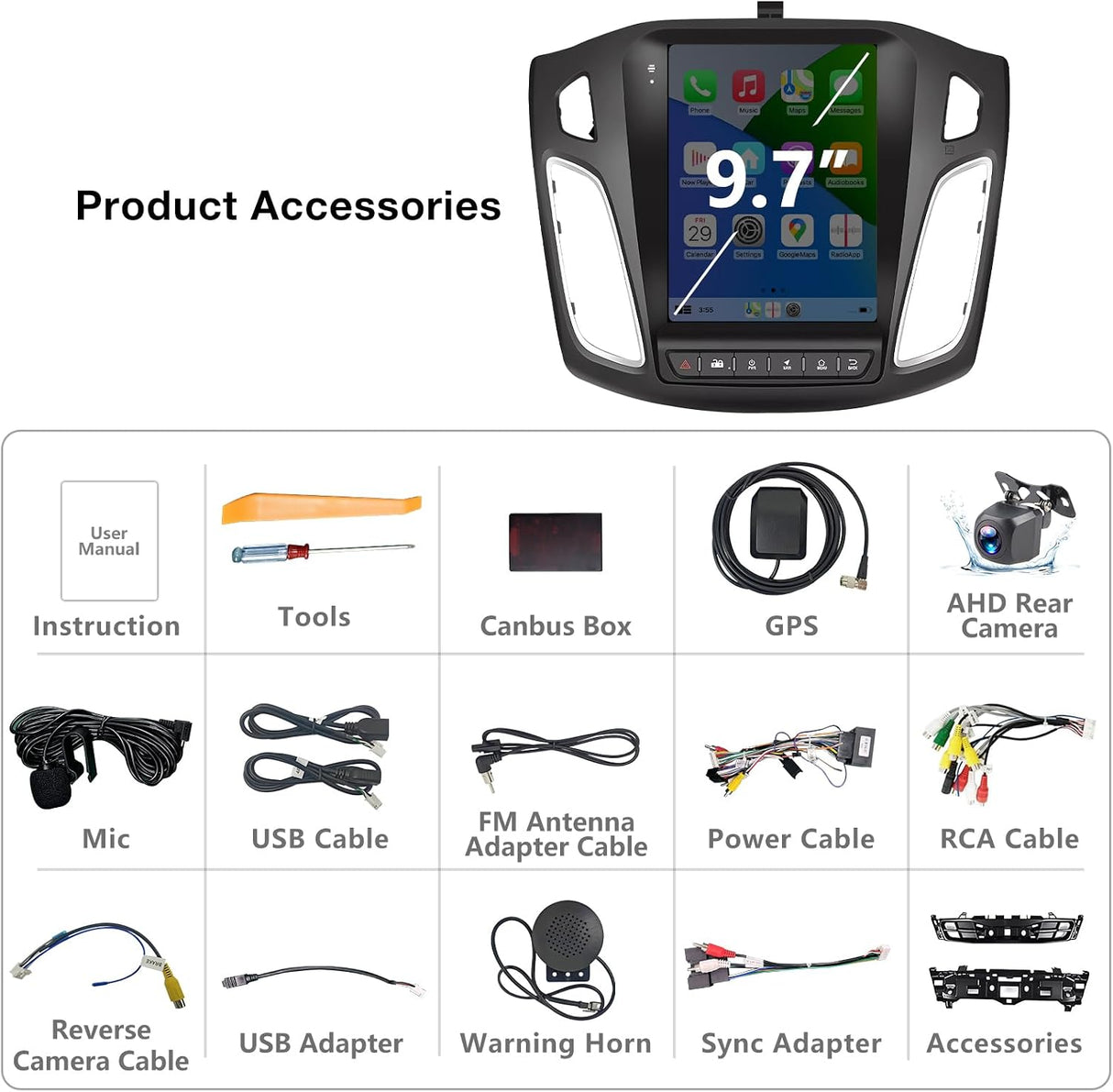 9.7 Inch Android 13 Car Radio Compatible with Ford Focus Radio 2012 2013 2014 2015 2016 2017 2018, 2+64G Car Replacement Radio with CarPlay/Android Auto，Bluetooth GPS SWC FM Backup Camera