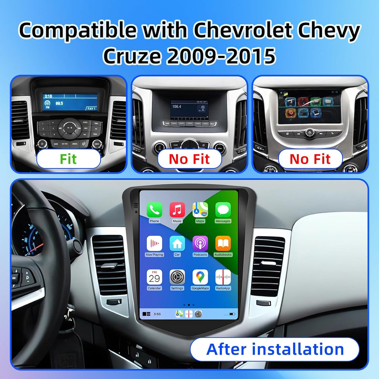 9.7 Inch Android 13 Car Radio Compatible with Chevy Cruze 2009 2010 2011 2012 2013 2014, 2+64G Car Stereo Replacement Radio with CarPlay/Android Auto, Bluetooth GPS SWC FM Backup Camera