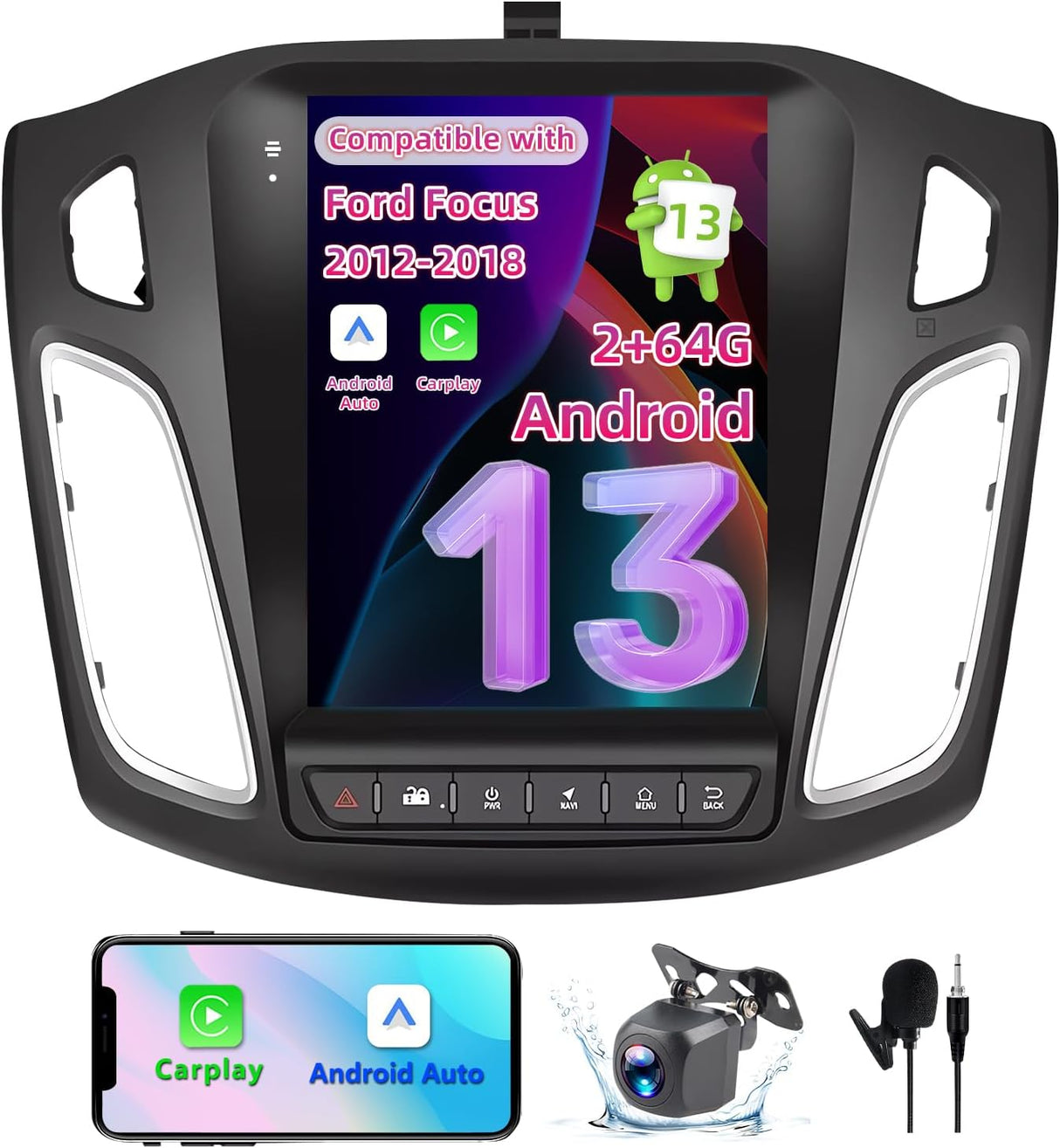 9.7 Inch Android 13 Car Radio Compatible with Ford Focus Radio 2012 2013 2014 2015 2016 2017 2018, 2+64G Car Replacement Radio with CarPlay/Android Auto，Bluetooth GPS SWC FM Backup Camera