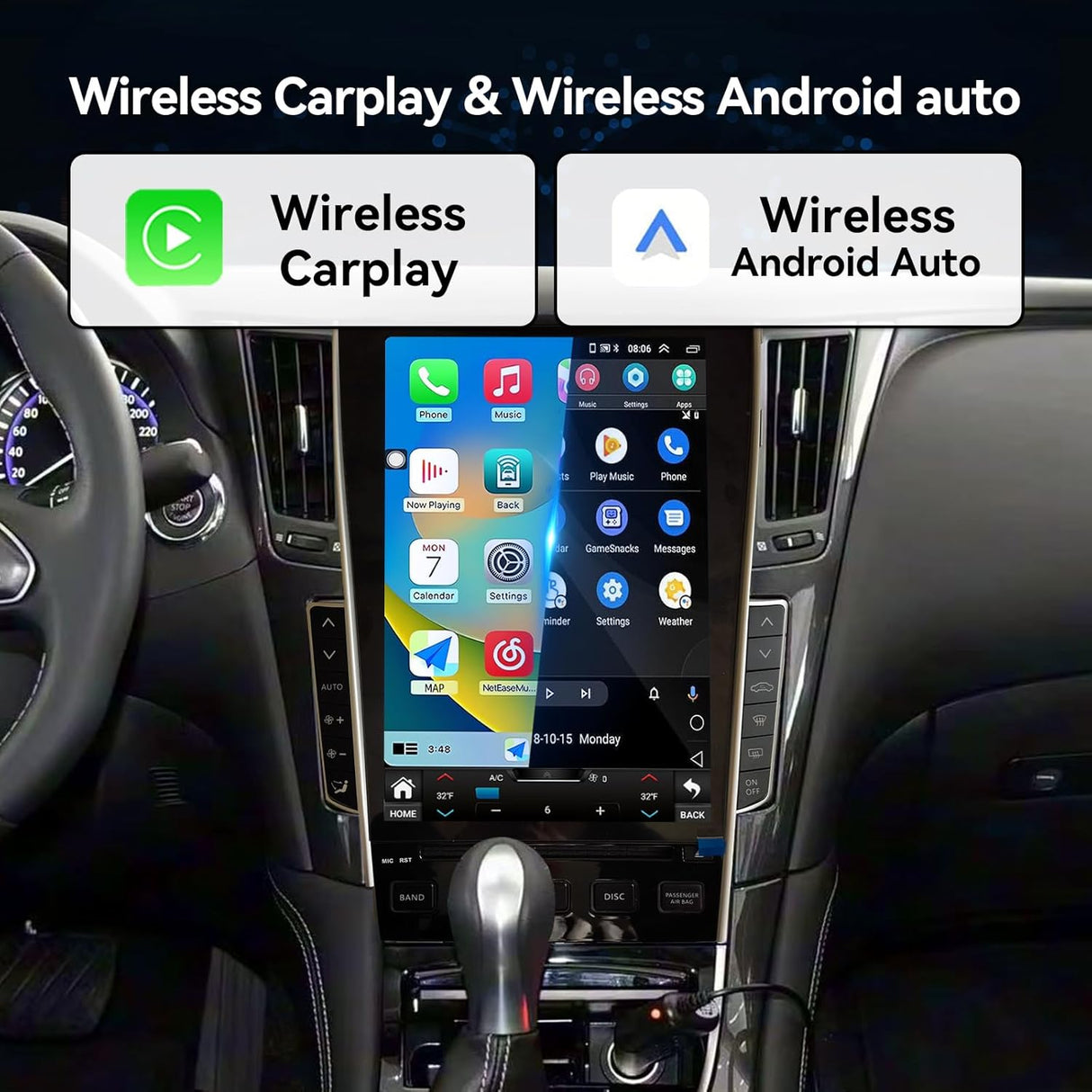 Android 15 Car Stereo Compatible with Infiniti Q50 2015 2016 2017 2018 2019 12.1" Touch Screen Wireless CarPlay & Android Auto 8+128 DSP 4G LTE 5G WiFi BT GPS Navigation Bluetooth 8Core