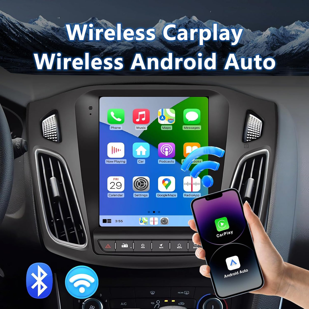 9.7 Inch Android 13 Car Radio Compatible with Ford Focus Radio 2012 2013 2014 2015 2016 2017 2018, 2+64G Car Replacement Radio with CarPlay/Android Auto，Bluetooth GPS SWC FM Backup Camera