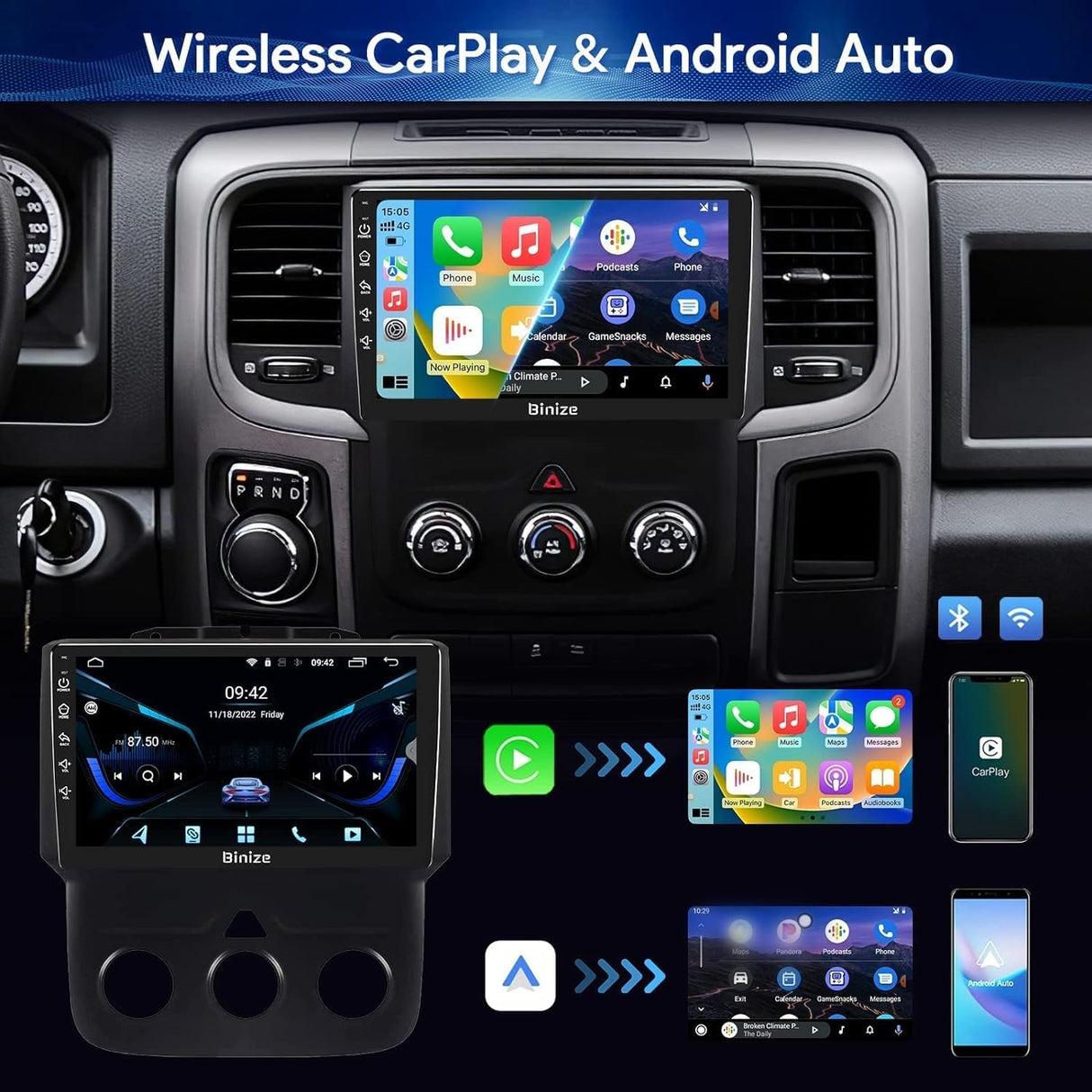 Android 13 Car Stereo Compatible with Dodge Ram 1500/2500/3500 2013-2018,Navigation GPS Touch Screen Radio Head Unit with Wireless CarPlay/Android Auto(Manual AC)