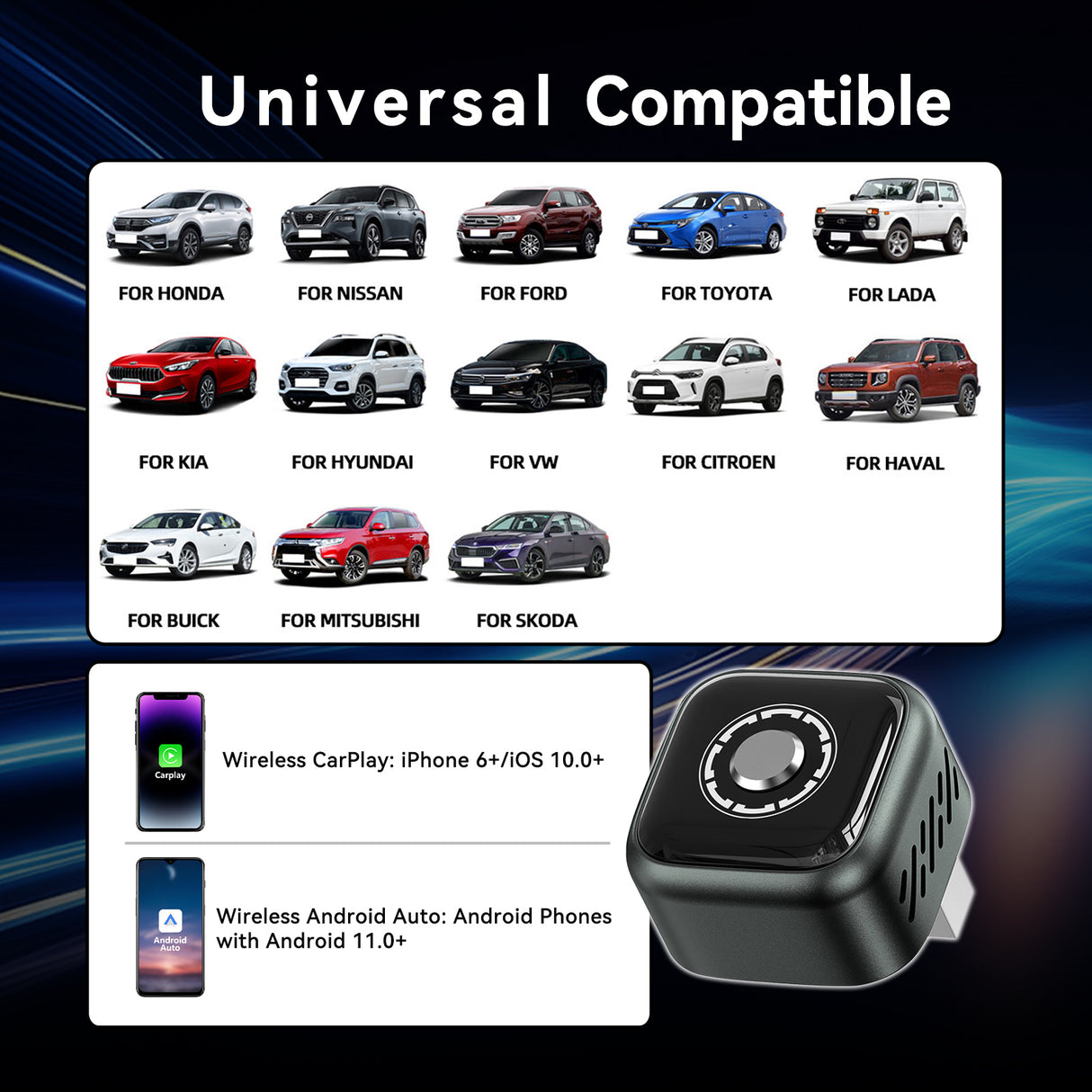 2 in 1 Wireless Car Play and Android Auto Adapter Plug and Play, Convert Wired to Wireless, One Button to Switch Devices