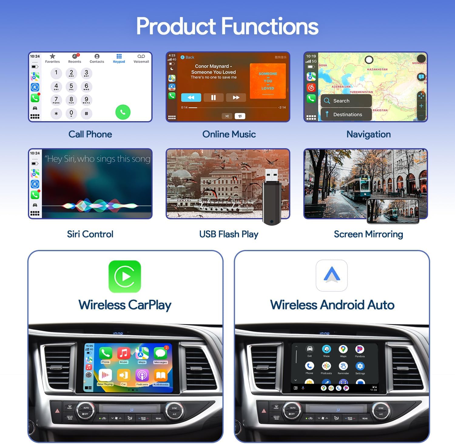 Wireless CarPlay/Android Auto Adapter for 2014-2019 Toyota with Entune2.0 &amp; Touch2 Retrofit Kit Decoder