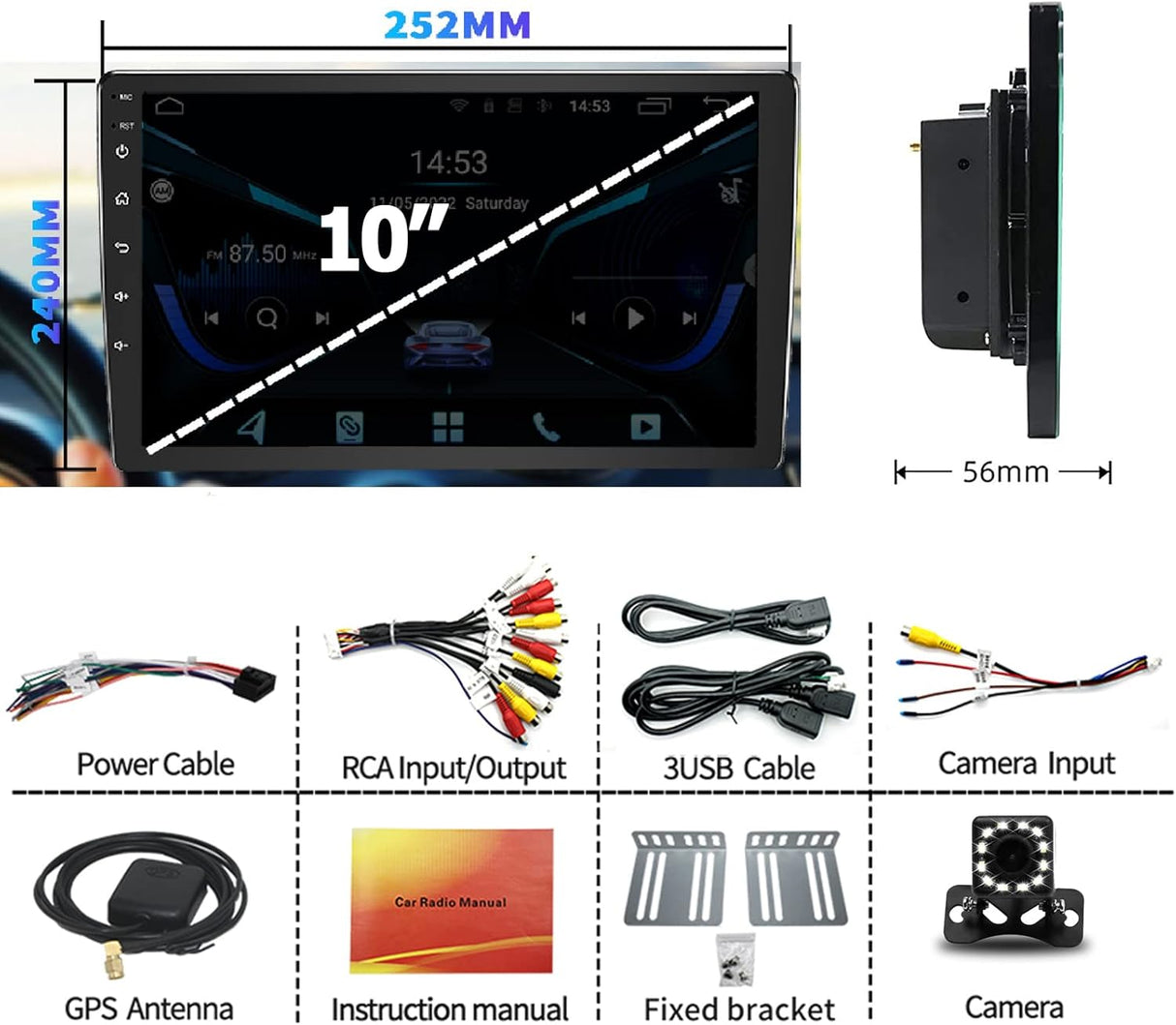 ZHNN Android 13 Double Din Car Stereo Radio, 10 Inch Car Head Unit Touch Screen Supports Wireless CarPlay& Android Auto/GPS Navigation/SWC/Backup Camera/Bluetooth FM Receiver