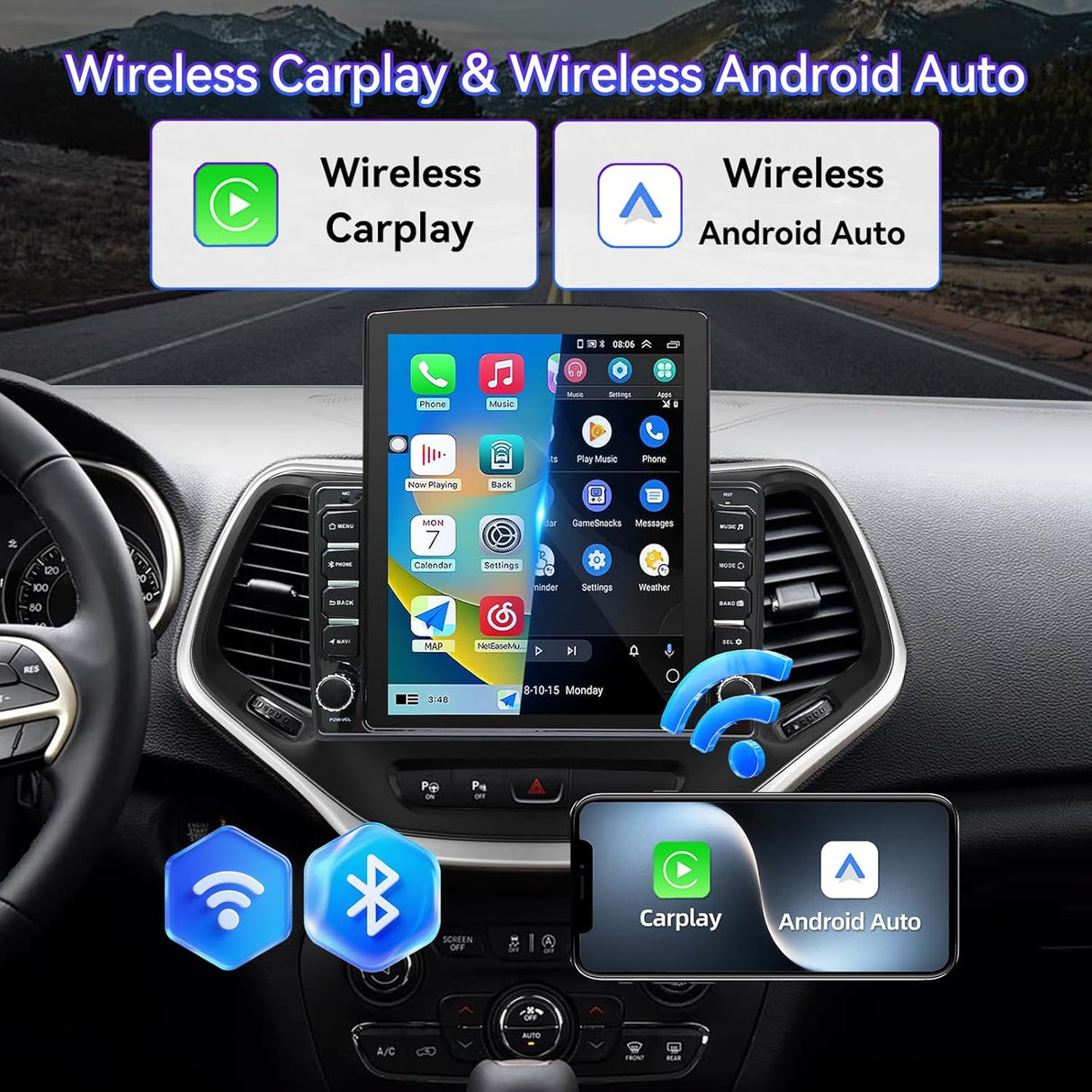 9.7 Inches Car Radio Compatible with Jeep Cherokee 2013-2018, 2+64G Car Stereo with Carplay/Android Auto/Bluetooth/SWC/FM/1080P Back-up Camera