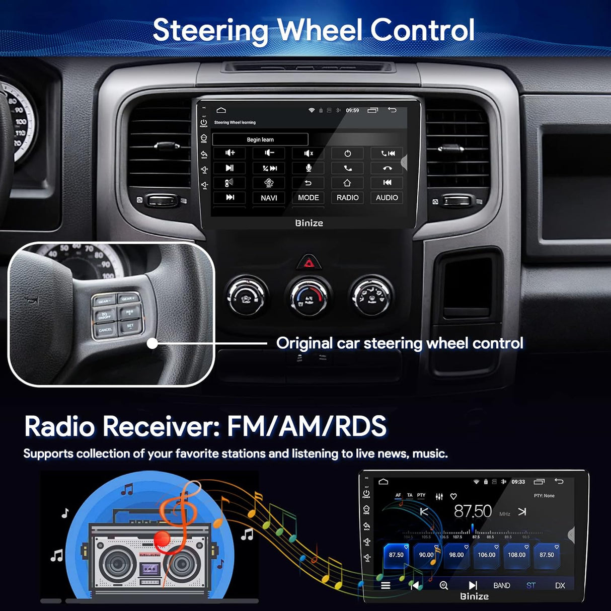 Android 13 Car Stereo Compatible with Dodge Ram 1500/2500/3500 2013-2018,Navigation GPS Touch Screen Radio Head Unit with Wireless CarPlay/Android Auto(Manual AC)