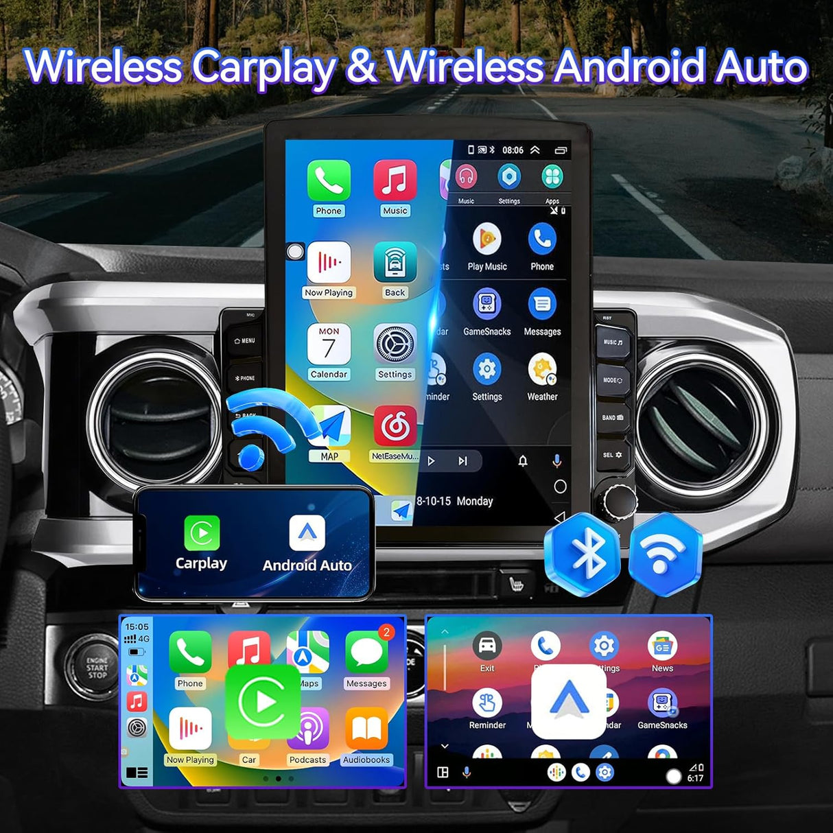 9.7 Inch Car Stereo Radio Compatible with Toyota Tacoma 2016-2022, Android 13 2+64G Wireless CarPlay Android Auto Car Radio Replacement with GPS/SWC/ 1080p Backup Camera