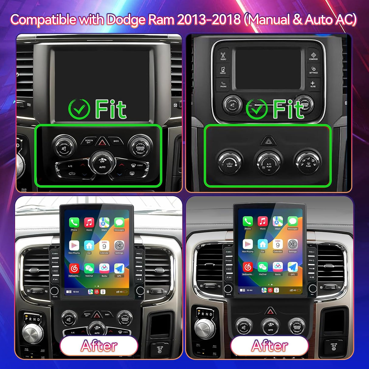 Android 13 Car Radio Stereo Compatible with Dodge Ram 1500/2500/3500 2013-2018 Upgrade with Wireless Carplay&Android Auto, GPS/SWC/Backup Camera/Seat Heating, for Manual & Auto AC (9.7 Inch)