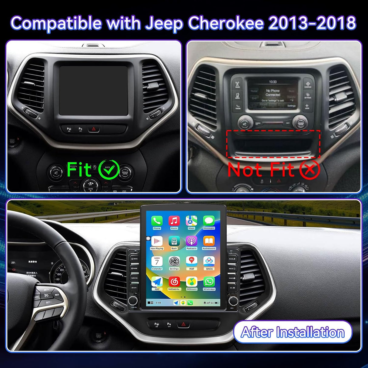 9.7 Inches Car Radio Compatible with Jeep Cherokee 2013-2018, 2+64G Car Stereo with Carplay/Android Auto/Bluetooth/SWC/FM/1080P Back-up Camera