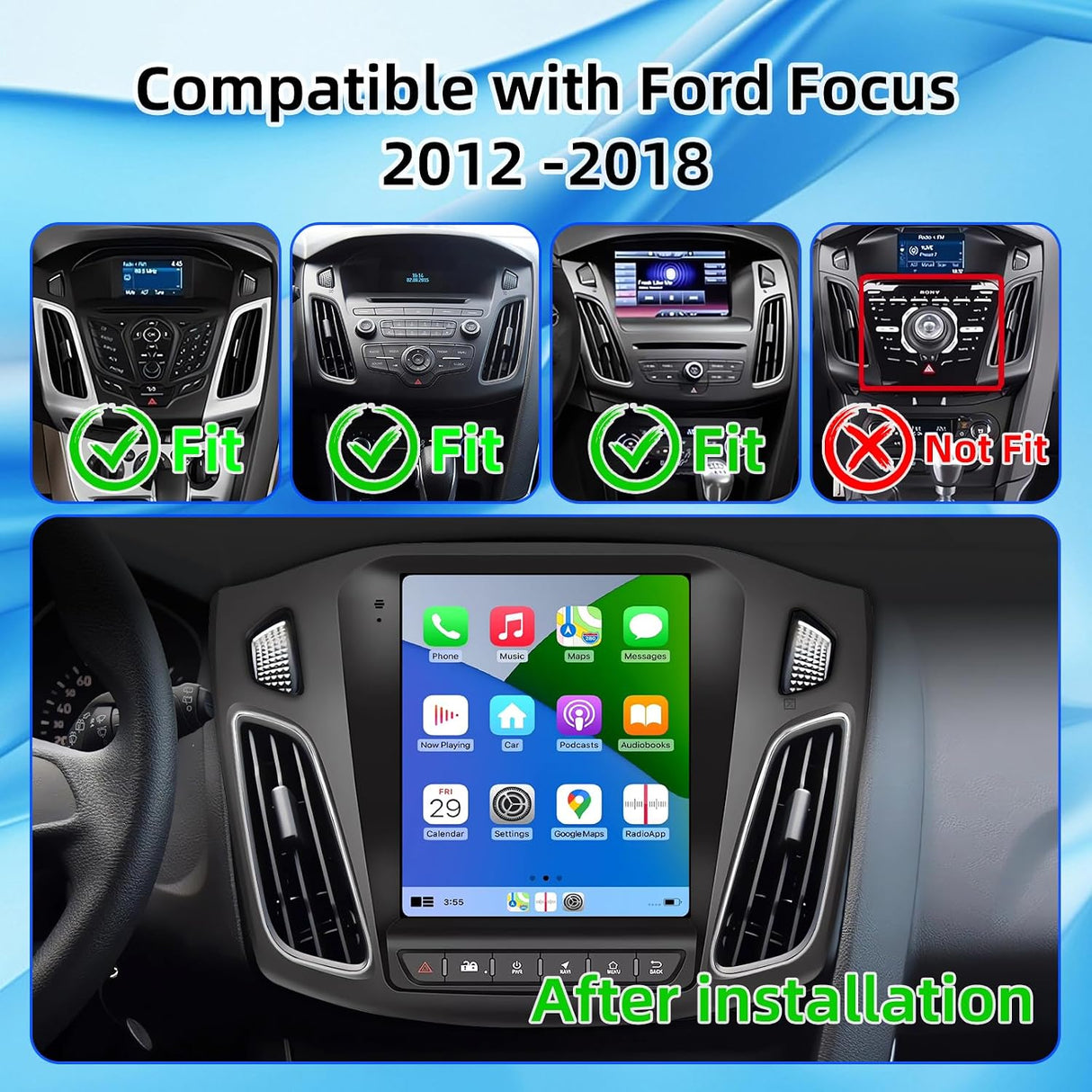 9.7 Inch Android 13 Car Radio Compatible with Ford Focus Radio 2012 2013 2014 2015 2016 2017 2018, 2+64G Car Replacement Radio with CarPlay/Android Auto，Bluetooth GPS SWC FM Backup Camera
