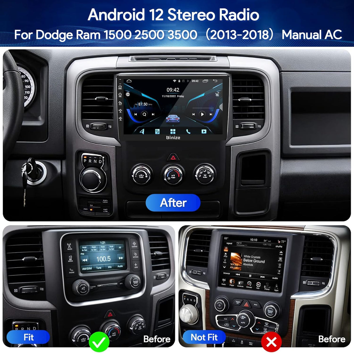 Android 13 Car Stereo Compatible with Dodge Ram 1500/2500/3500 2013-2018,Navigation GPS Touch Screen Radio Head Unit with Wireless CarPlay/Android Auto(Manual AC)