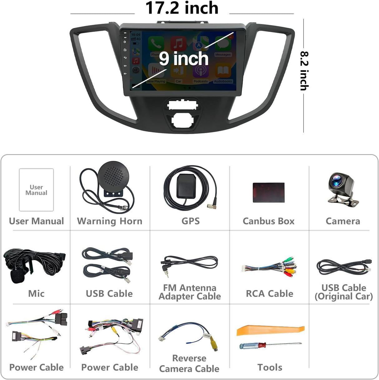 Android 13 Car Stereo for Ford Transit 2015-2018, 9 Inch Touch Screen with Wireless CarPlay/Android Auto/Mirrorlink/GPS Navigation/Backup Camera/FM