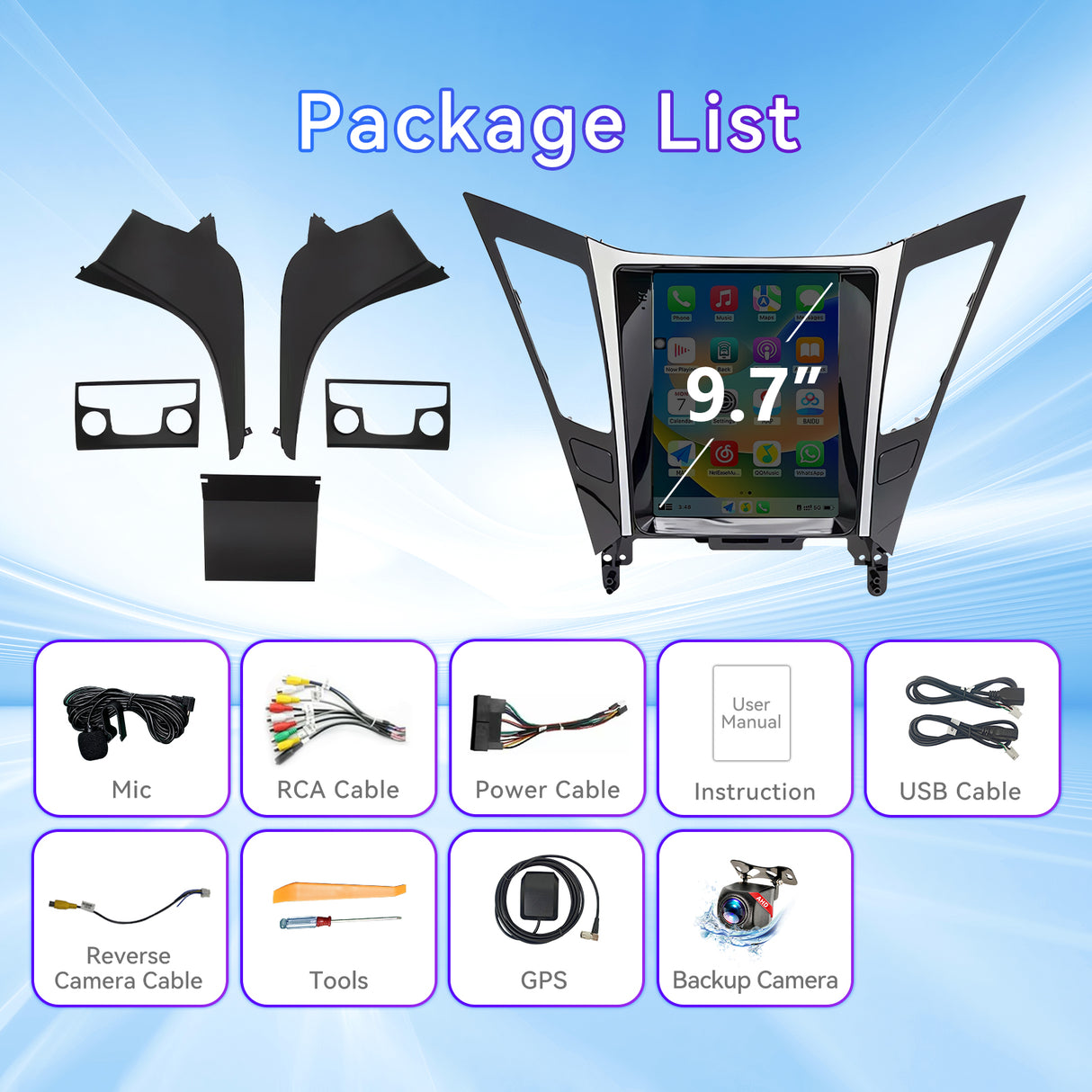 9.7'' Android 13 Car Stereo for Hyundai Sonata 2010-2015 | IPS Touchscreen Sonata Radio Wireless Carplay Android Auto 5G WiFi/Bluetooth Mirror Link GPS SWC/FM/RDS/32EQ Backup Cam Mic