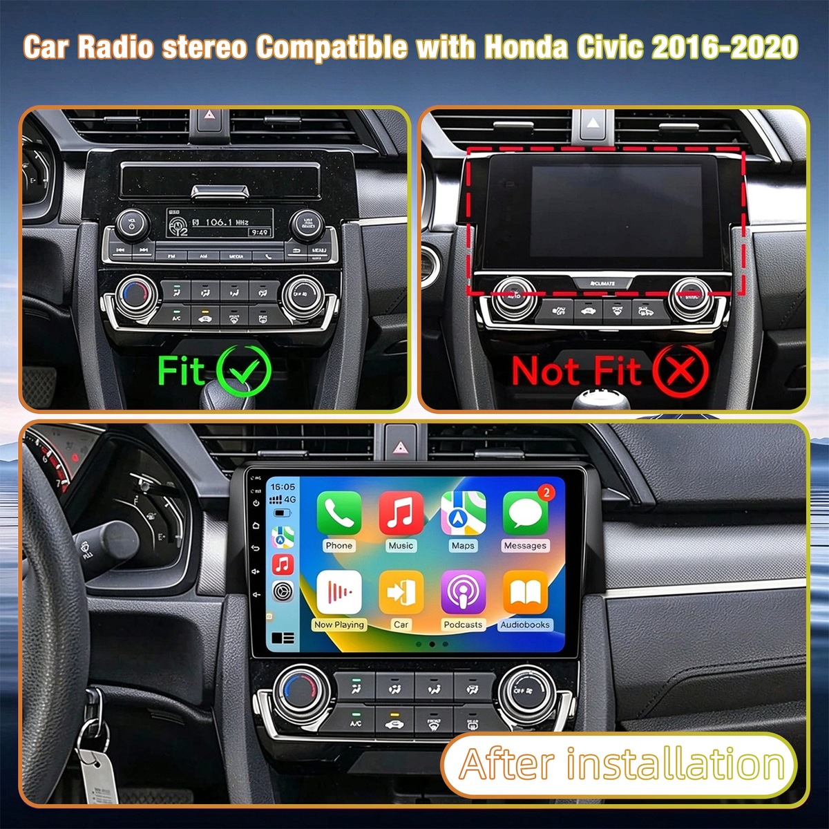 Android Car Radio for Honda Civic 2016-2020, 9 Inch Touchscreen Head Unit Upgrade, Wireless CarPlay & Android Auto, Bluetooth, FM RDS Radio, WiFi, GPS Navigation, SWC, AHD Rear View Camera