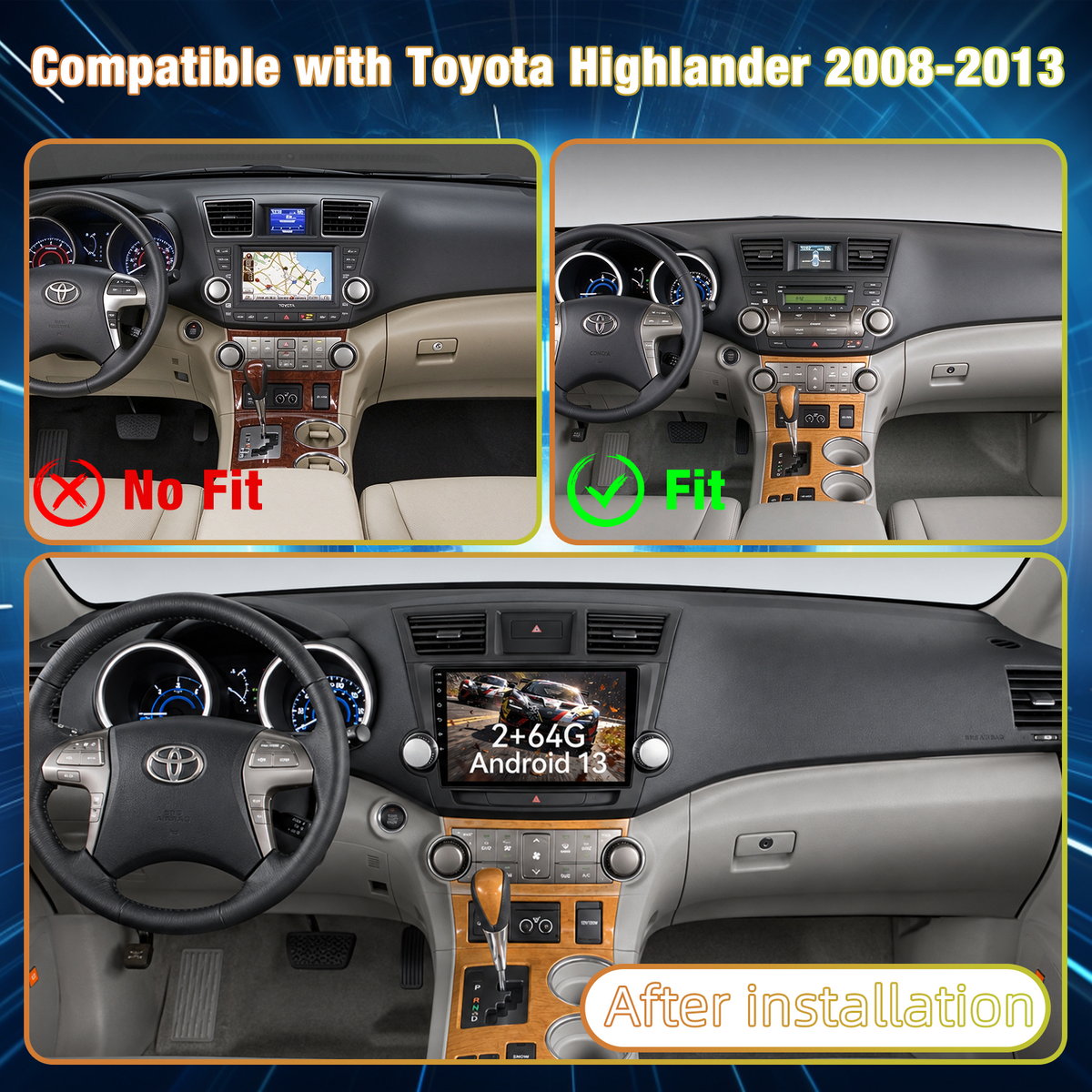10 Inch QLED Touch Screen Car Stereo for Toyota Highlander 2008-2013, Head Unit with Wireless CarPlay & Android Auto, WiFi, GPS Navigation, Bluetooth 5.0, FM AM Radio