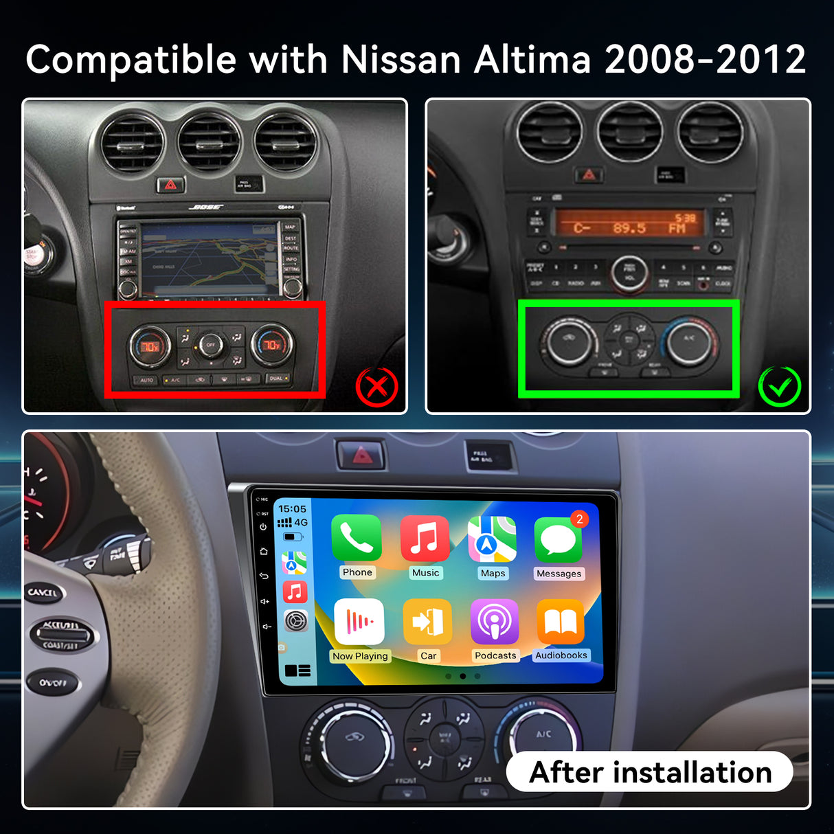 2+64G Android 13 Car Stereo for Nissan Altima Teana (Manual AC) 2008-2012 with 9 Inch Touchscreen Radio Built-in Wireless Carplay/Android Auto/GPS/Bluetooth/FM/AUX/Steering Wheel Controls/Backup Camera