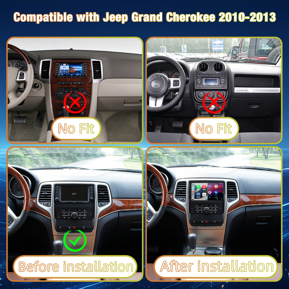Android Car Stereo for Jeep Grand Cherokee 2010-2013, Wireless Apple Carplay & Android Auto, 2GB+64GB WiFi GPS Navi, Bluetooth 5.0, Steering Wheel Control, Touch Screen Car Head Unit