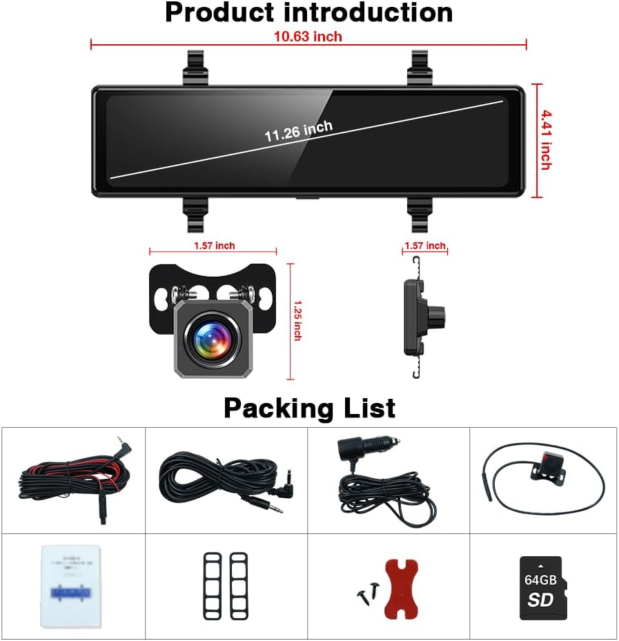 11.26 Inch Rear View Mirror Camera with Carplay/Android Auto. Split Screen/Voice Control/Loop Recording