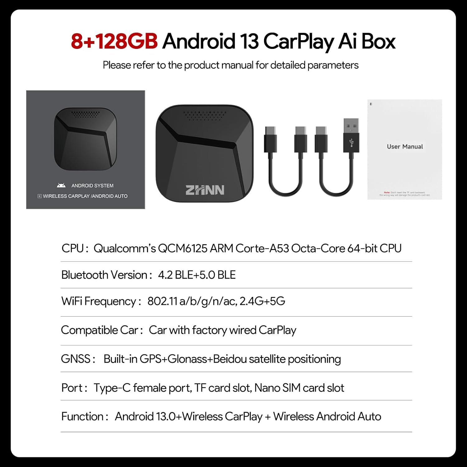 Carplay AI Box 8+128G Support SIM &TF Card and OEM Wired Carplay