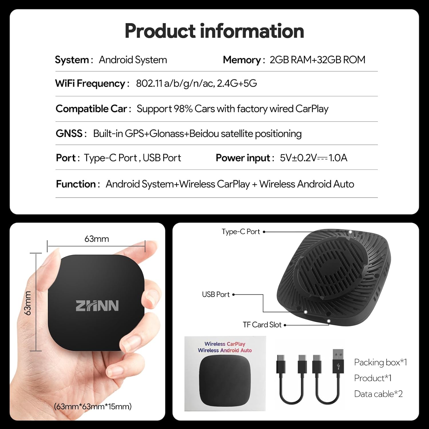 ZHNN Car Box S3 for OEM CarPlay/Android Auto Car Radios