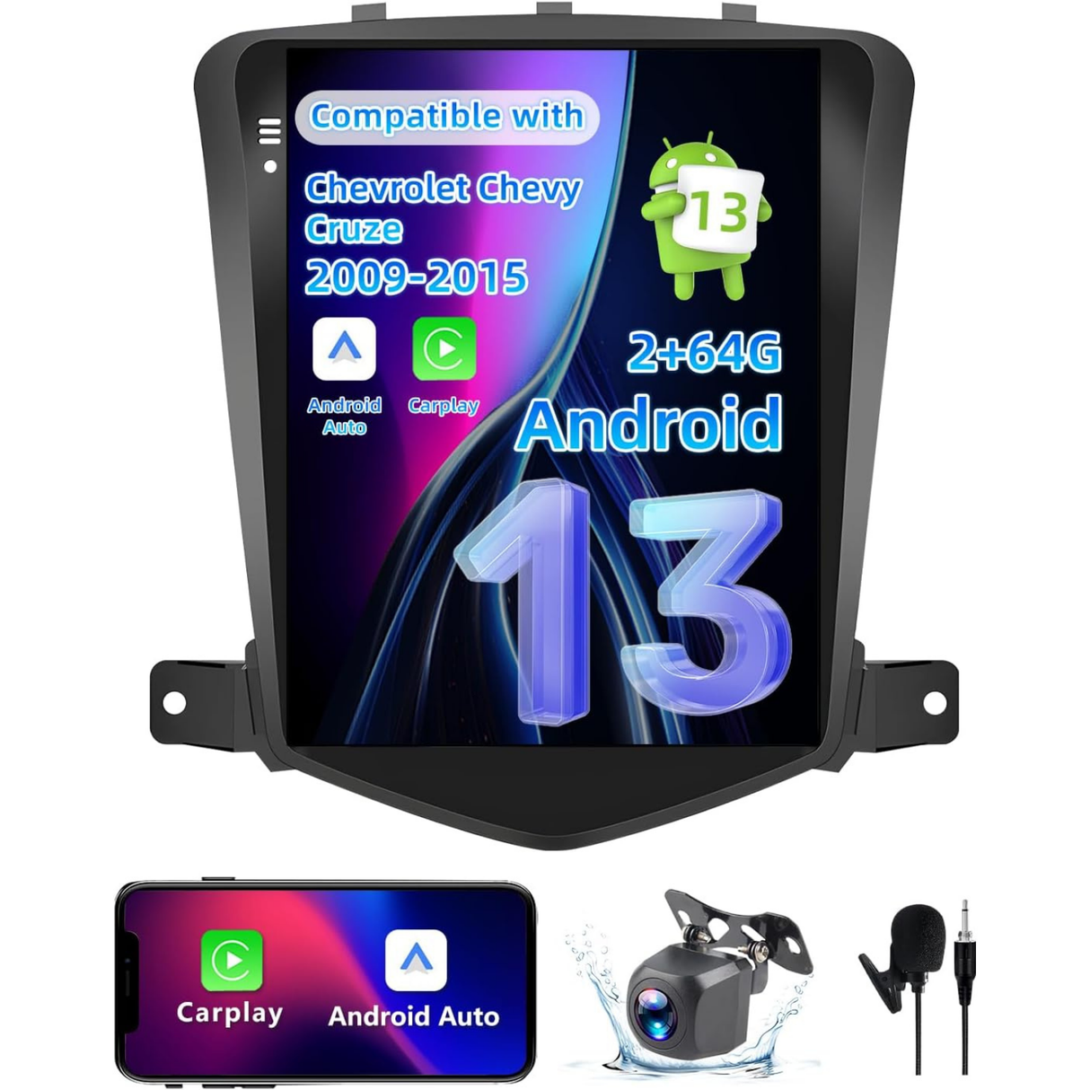Compatible with Chevy Cruze Radio 2009-2014, 9.7 Inch Android 13 with CarPlay/Android Auto, 2+64G Car Stereo with Bluetooth GPS SWC FM Backup Camera