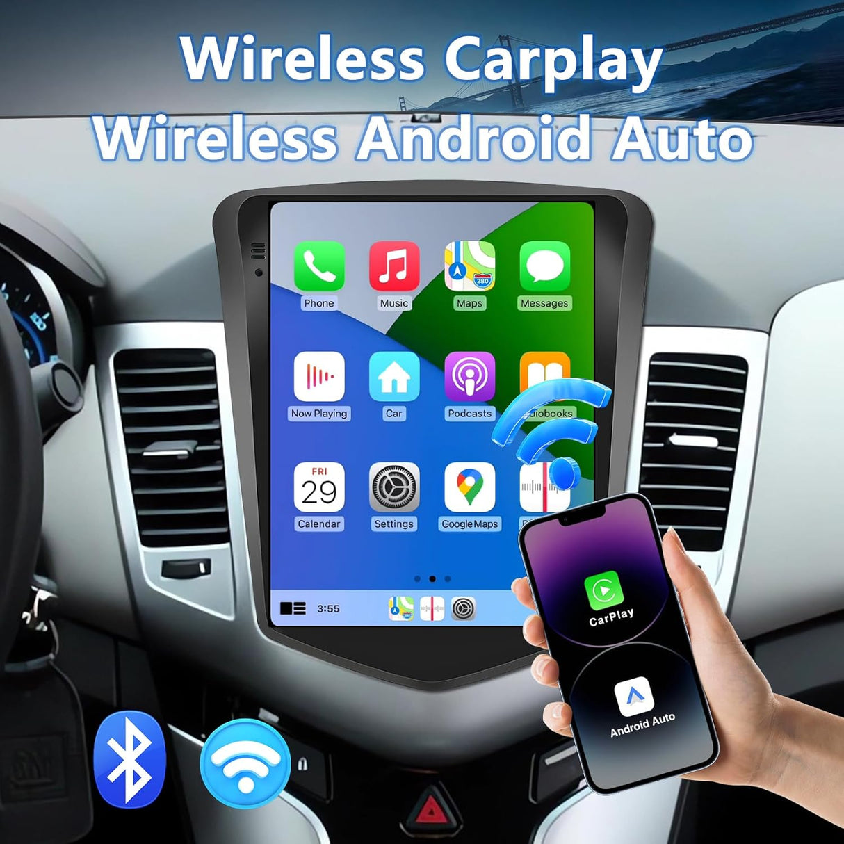 Compatible with Chevy Cruze Radio 2009-2014, 9.7 Inch Android 13 with CarPlay/Android Auto, 2+64G Car Stereo with Bluetooth GPS SWC FM Backup Camera