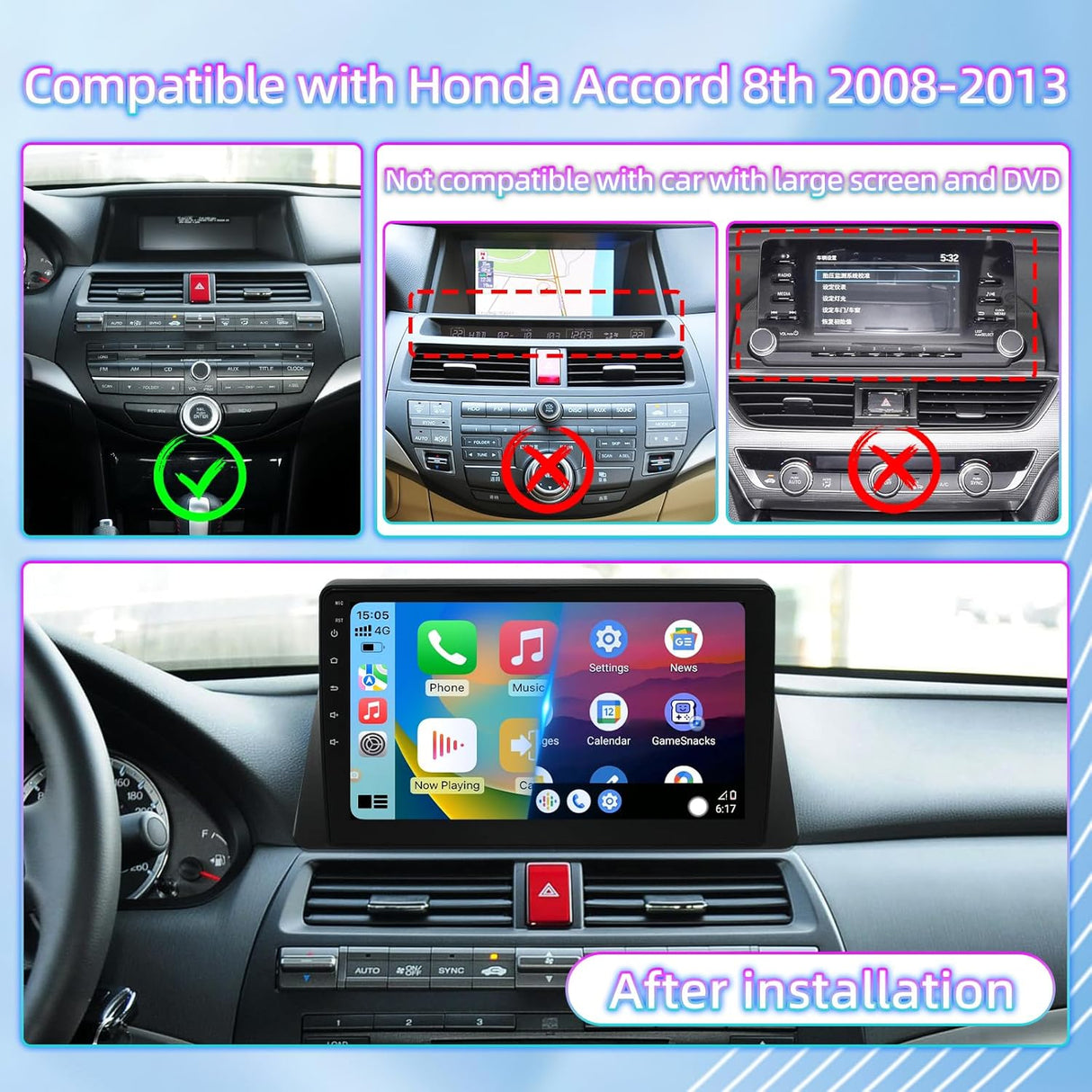 2+64G Car Stereo Radio Compatible with Honda Accord 8th 2008 2009 2010 2011 2012 2013, 10.1 Inch Android 13 Car Head Unit with Wireless CarPlay Android Auto, WiFi GPS MirrorLink SWC Backup Camera