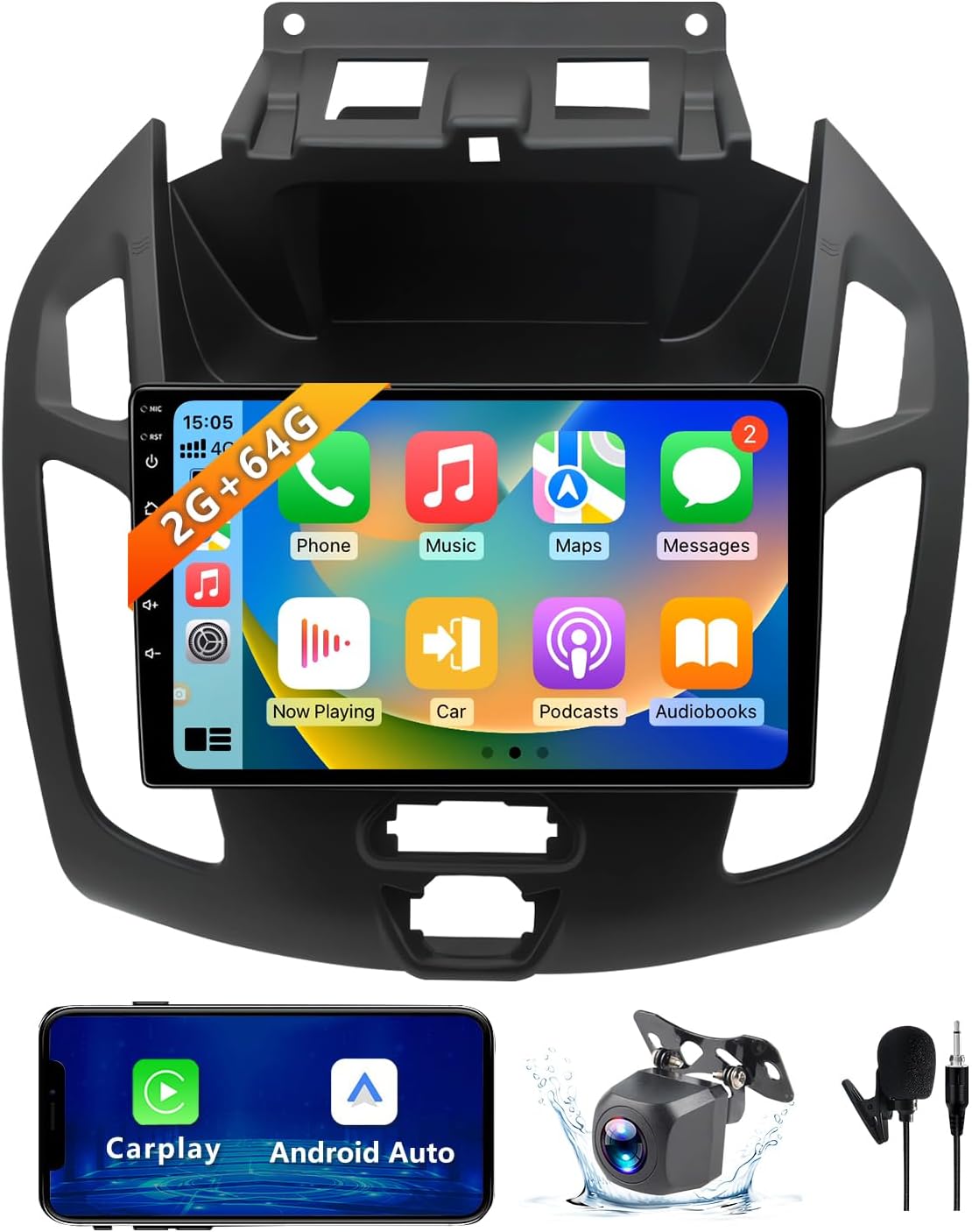 ZHNN 2+64GB Car Radio Stereo Compatible with Ford Transit Connect 2014-2018, 9 Inch Android 13 Touch Screen Car Radio with CarPlay/Android Auto, GPS FM WiFi Bluetooth Backup Camera